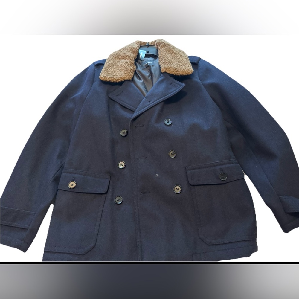 Express Blue and Tan Pea Coat with Shearling Collar